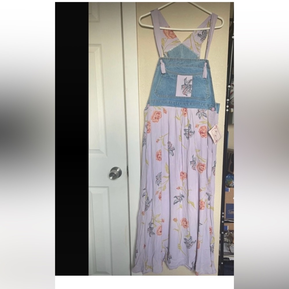 Boho Floral Overall Maxi Dress – Denim Bib Top with Lilac Floral Skirt – NWT